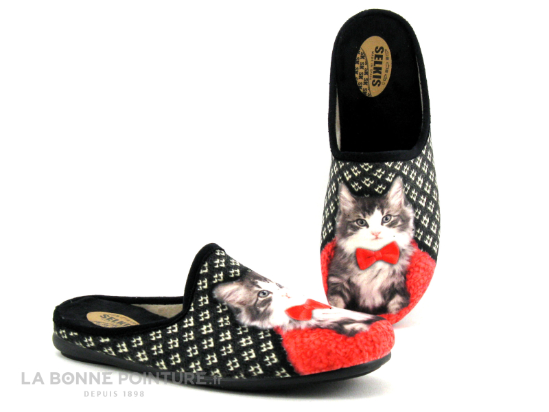 Selkis 21331 Noir Imprime - Pantoufle Mule - Chat Noeud Papillon Rouge 1 Selkis 21331 Noir Imprime - Pantoufle Mule - Chat Noeud Papillon Rouge