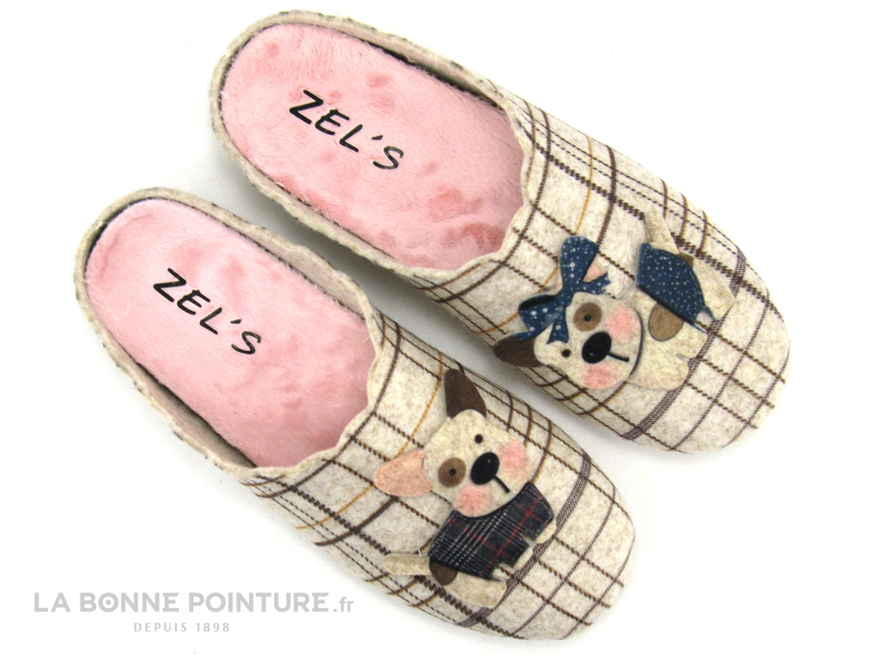 ZEL'S Zels 41162 Beige Carreaux - Chiens - Pantoufle Mule Femme 2 ZEL'S Zels 41162 Beige Carreaux - Chiens - Pantoufle Mule Femme – Image 2