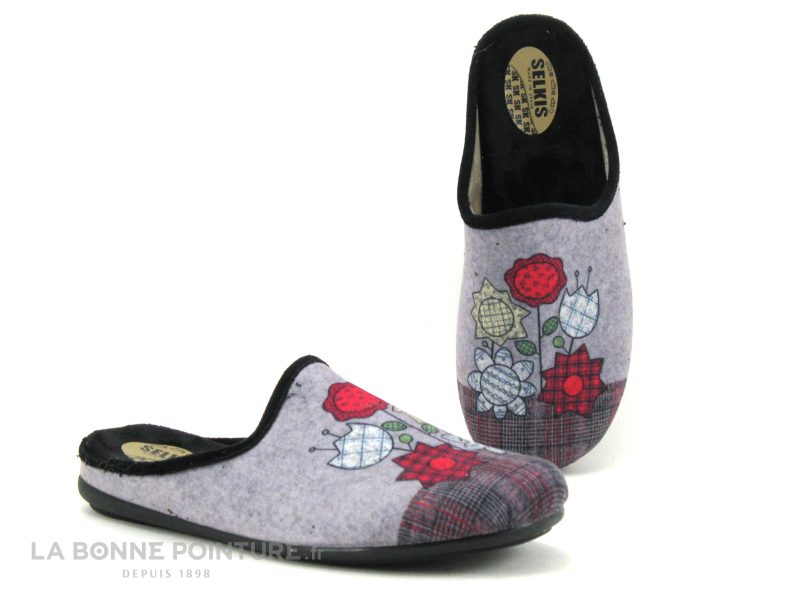 Selkis 22340 - Gris - Fleurs Multicolores - Pantoufle Mule Femme 1 Selkis 22340 - Gris - Fleurs Multicolores - Pantoufle Mule Femme