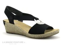 Rieker 624H6-00 Noir - Sandale Femme Avec Bride Elastique - Compense