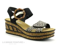 Rieker 68176-00 Noir Combine Leopard - Nu-pieds Talon Compense